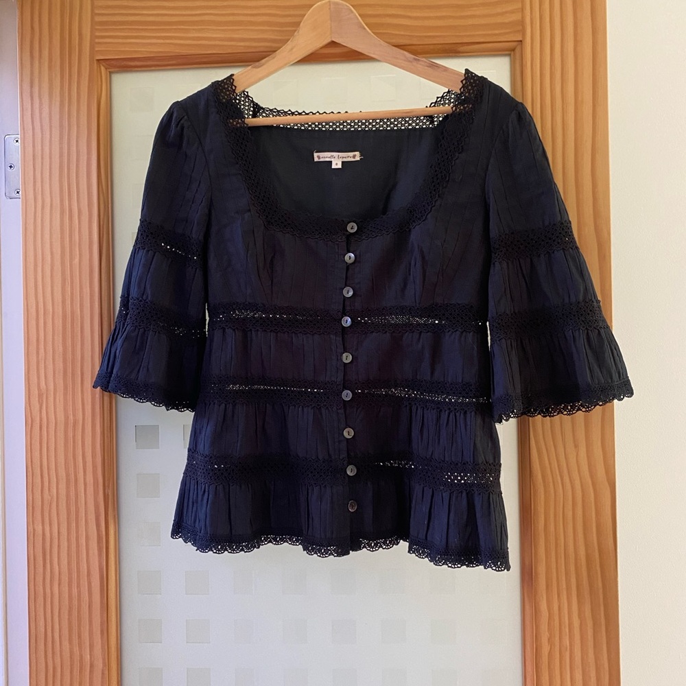 Black cotton crochet bell sleeve square neck top